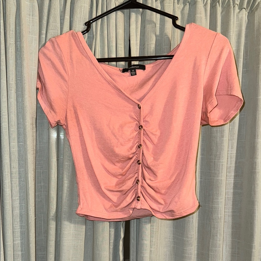 Pink Ruched Crop Blouse with Short Sleeves
